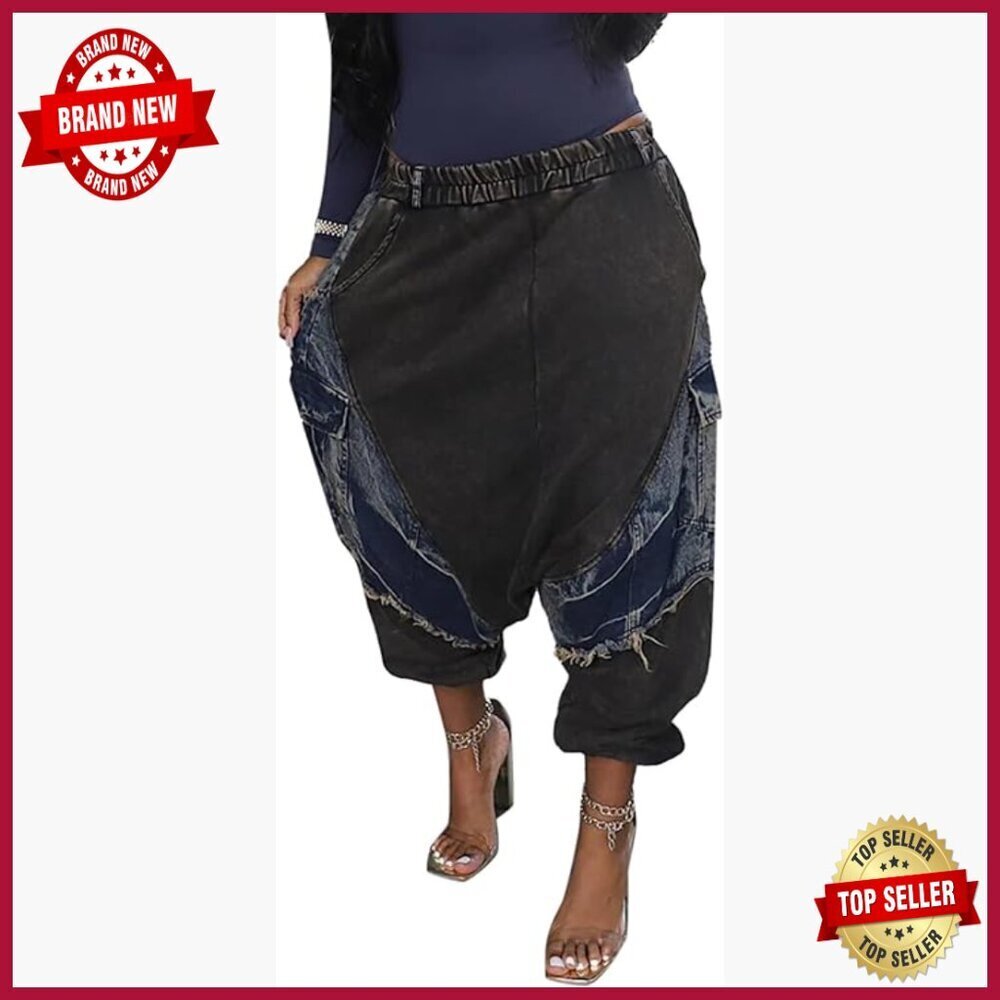 Wide Leg Harem Jeans Elastic Waist Patchwork Distressed Y2K Boho Pants